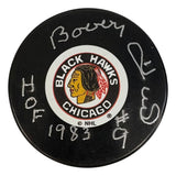 Bobby Hull Signed Chicago Blackhawks Logo Puck HOF 1983 BAS