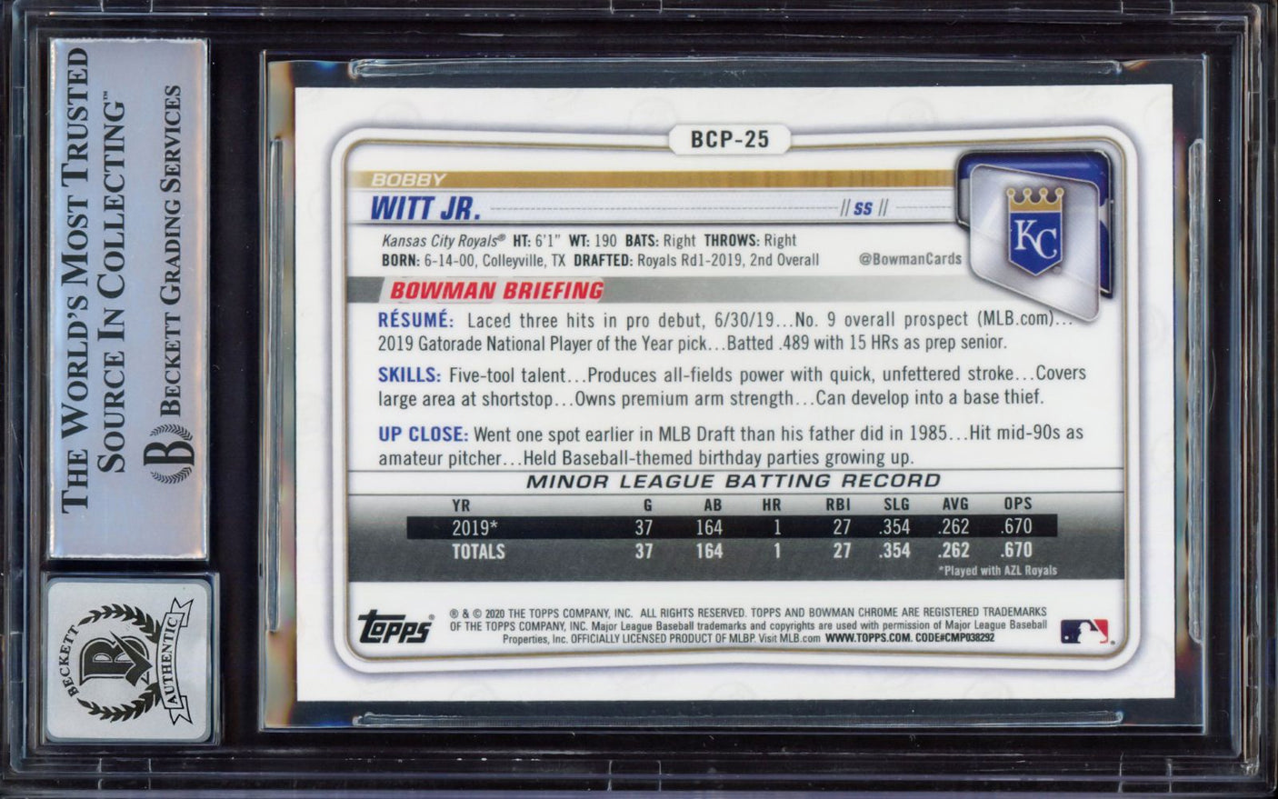 Bobby Witt Jr Signed 2020 Bowman Chrome #BCP25 KC Royals Rookie Card BAS Auto 10