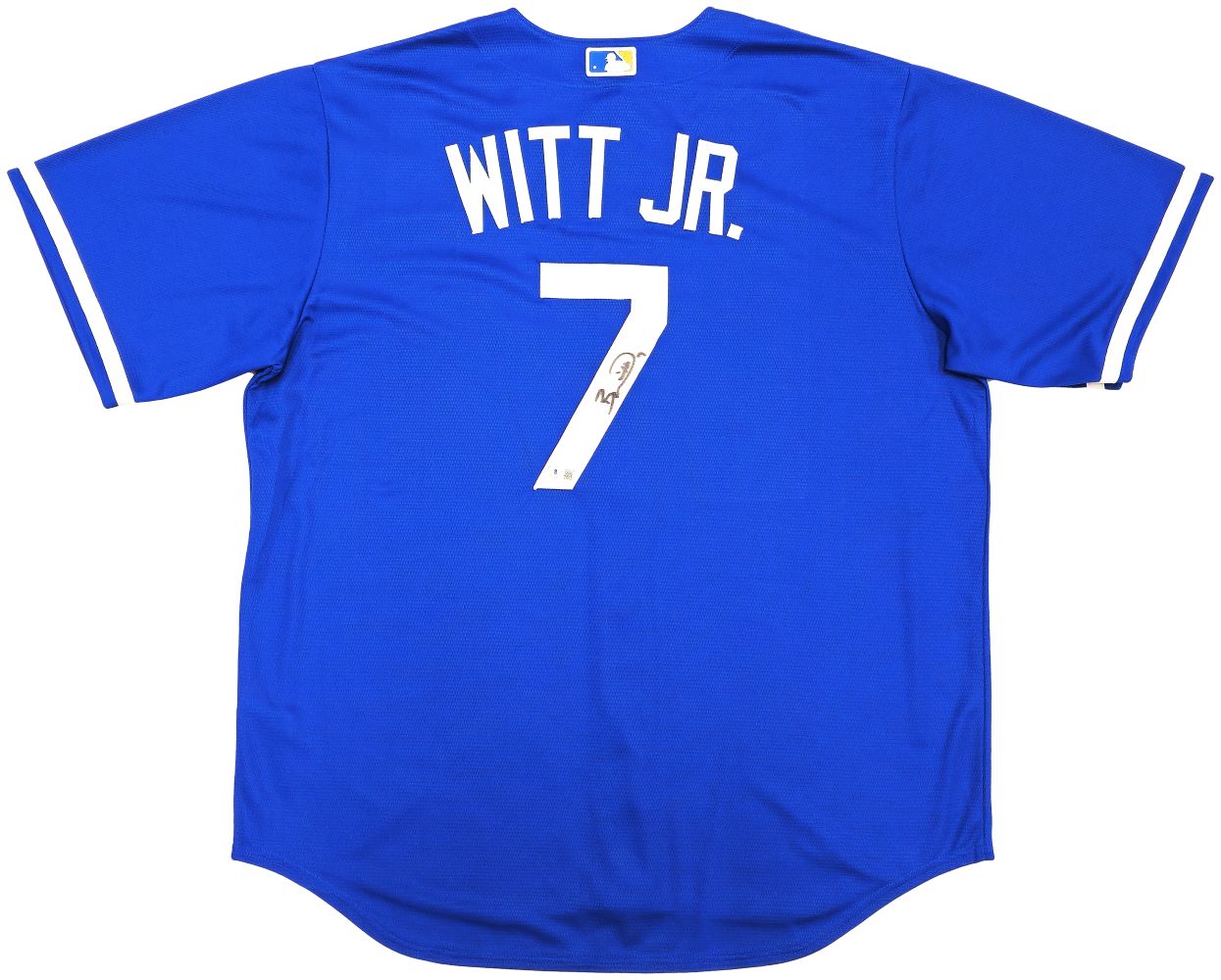 Sports Integrity Bobby Witt Jr. Signed Kansas City Royals Blue Nike Replica Jersey features "WITT JR." and number 7 on the back, with his signature on the 7. Authenticated by BAS ITP.