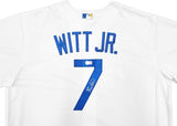 The Sports Integrity Bobby Witt Jr Signed Kansas City Royals White Nike Replica Jersey features blue "WITT JR." lettering, the number 7 with his white autograph and authentication sticker, plus an MLB logo on the collar.