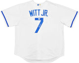 The Sports Integrity Bobby Witt Jr Signed Kansas City Royals White Nike Replica Jersey features blue trim, "WITT JR." and number 7 in blue on the back, with a signature on the number.