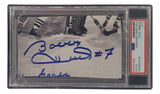 Sports Integrity’s Bobby Hull Signed Slabbed Chicago Blackhawks Cut Signature features “Bobby Hull #7” in blue ink, PSA/DNA authenticated as 85076456, and encased with a “CUT BOBBY HULL AUTHENTIC” label.