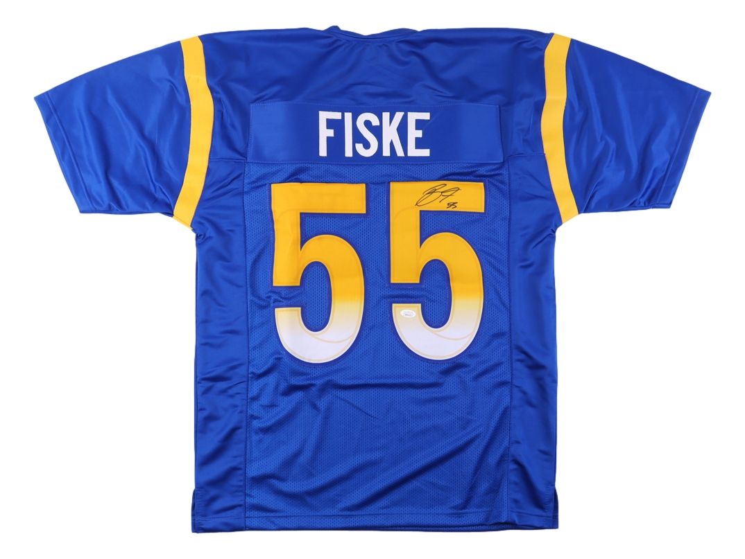 A Braden Fiske Los Angeles blue football jersey by Sports Integrity, featuring yellow accents, FISKE and number 55 on the back, signed and JSA authenticated.