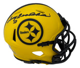 A Terry Bradshaw Signed Pittsburgh Steelers Rave Mini Speed Helmet by Sports Integrity, featuring a yellow helmet with a black facemask and team logo.