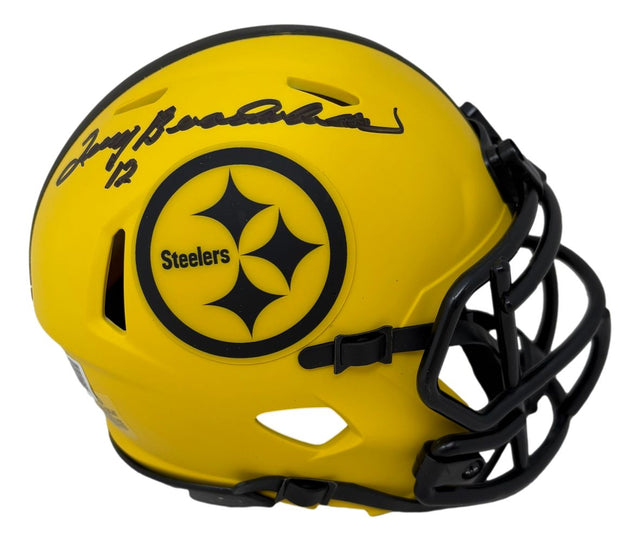 A Terry Bradshaw Signed Pittsburgh Steelers Rave Mini Speed Helmet by Sports Integrity, featuring a yellow helmet with a black facemask and team logo.