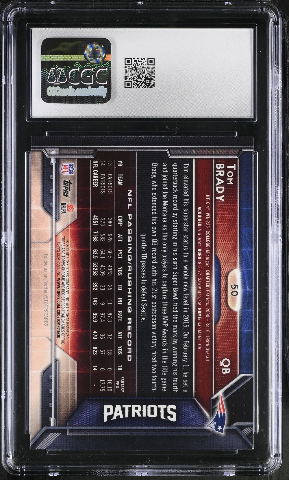 Tom Brady 2015 Topps Chrome #50 Patriots Trading Card CGC Gem Mint 10