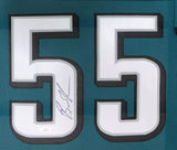 A green Brandon Graham SB 59 Champ Philadelphia football jersey by Sports Integrity, featuring large white #55 outlined in black and signed in blue ink on the left number, comes framed with JSA authentication.