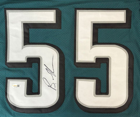 The Sports Integrity Brandon Graham Philadelphia Signed Green Football Jersey features large white and black number 55, a black marker signature on the left digit, and a JSA QR hologram for authentication.