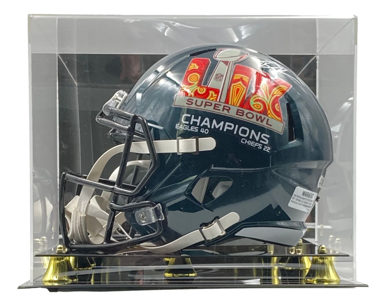 The Sports Integrity Brandon Graham Signed Eagles FS Super Bowl LIX Replica Helmet comes in a clear display case with gold fixtures securing the base.