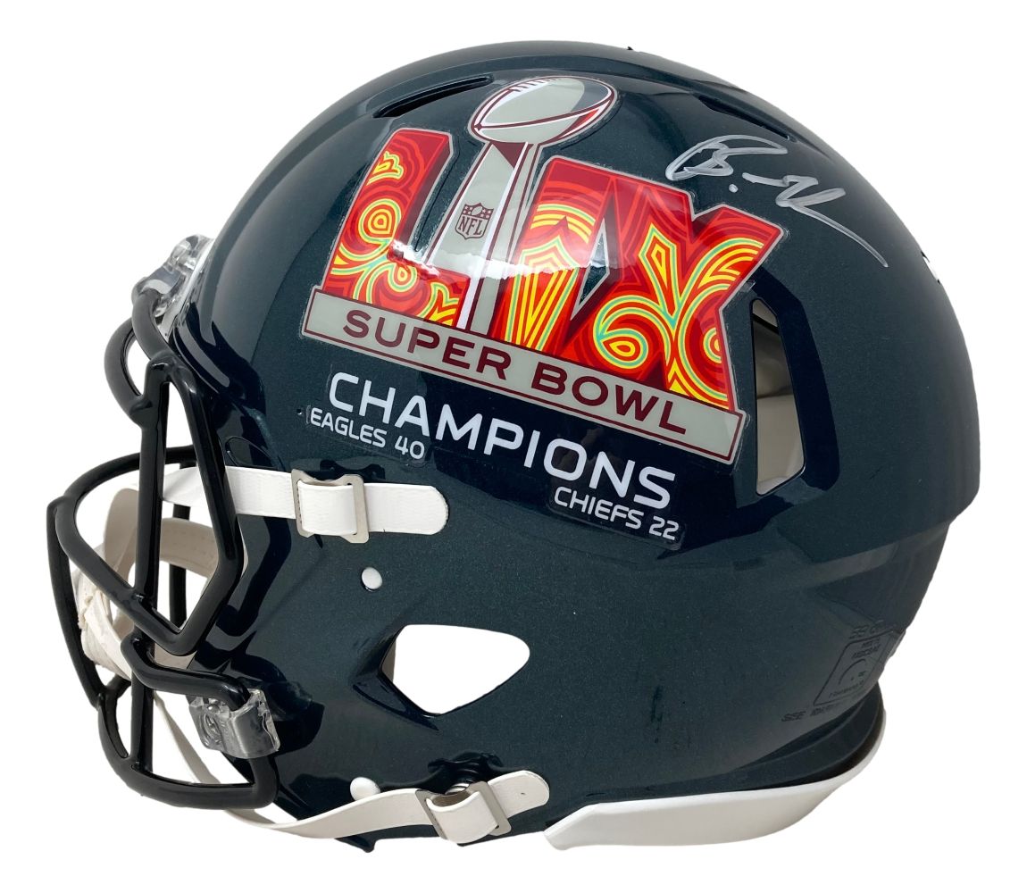The Sports Integrity Brandon Graham Signed Eagles Full Size Super Bowl 59 Authentic Speed Helmet BAS features a dark shell, colorful Super Bowl logo, SUPER BOWL CHAMPIONS text, EAGLES 40 CHIEFS 22 score, and silver autograph.