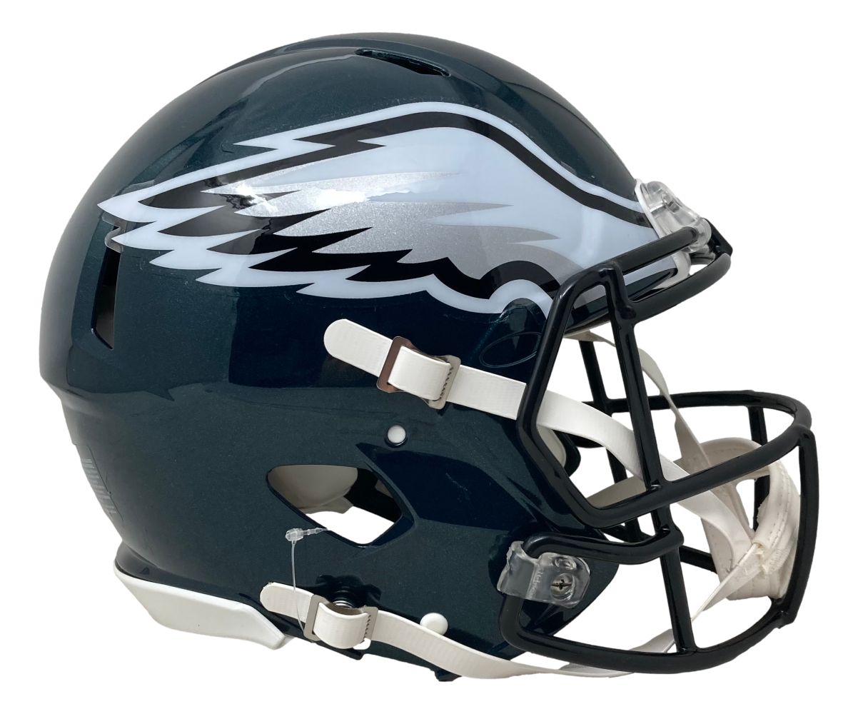 The Brandon Graham Signed Eagles Full Size Super Bowl 59 Authentic Speed Helmet by Sports Integrity features a dark green shell, white and silver eagle wing design on the side, black facemask, and white chin strap.