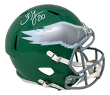 A Brian Dawkins Signed Philadelphia Eagles FS Kelly Green Speed Replica Helmet by Sports Integrity, featuring a silver wing design and white facemask, with "B.J. 20" autographed on top.