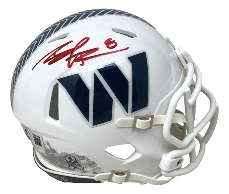 The Sports Integrity Brian Robinson Jr Signed Commanders Salute To Service Mini Speed Helmet features a large navy W logo, gray chevron stripe, red signature with number 8, plus visible faceguard and chinstrap.