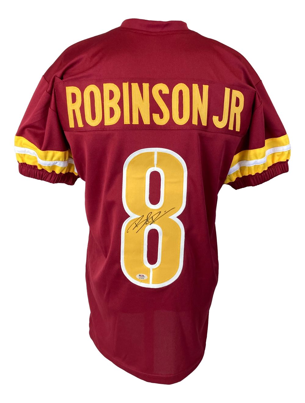 The Sports Integrity Brian Robinson Jr Washington maroon football jersey features yellow and white accents, "ROBINSON JR" and #8 on the back, plus a visible autograph on the number with a PSA/DNA hologram.