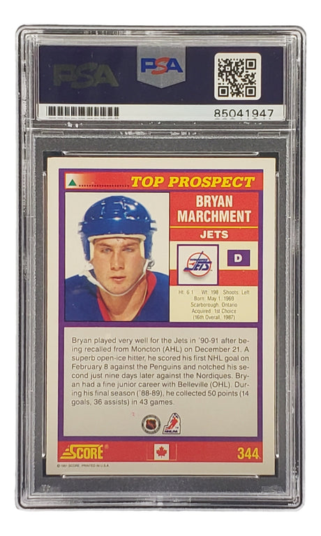 Sports Integrity Bryan Marchment Signed 1991 Score #344 Winnipeg Jets Hockey Card, PSA/DNA authenticated with visible label and barcode, featuring his photo, stats, and "Top Prospect" designation.