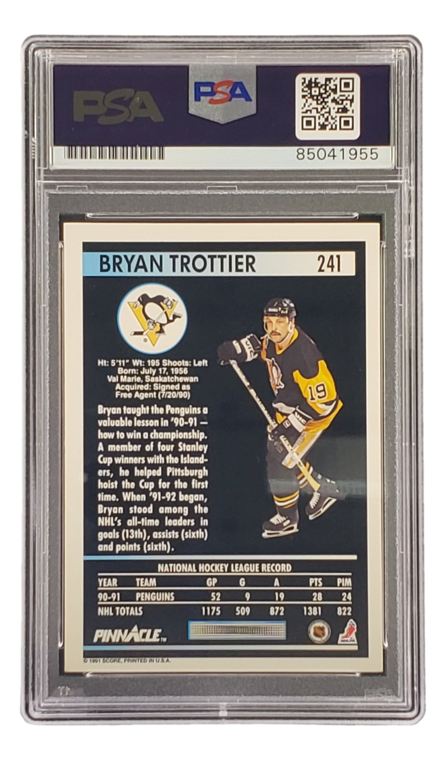 Bryan Trottier Signed 1991 Pinnacle #241 Pittsburgh Penguins Hockey Card PSA/DNA