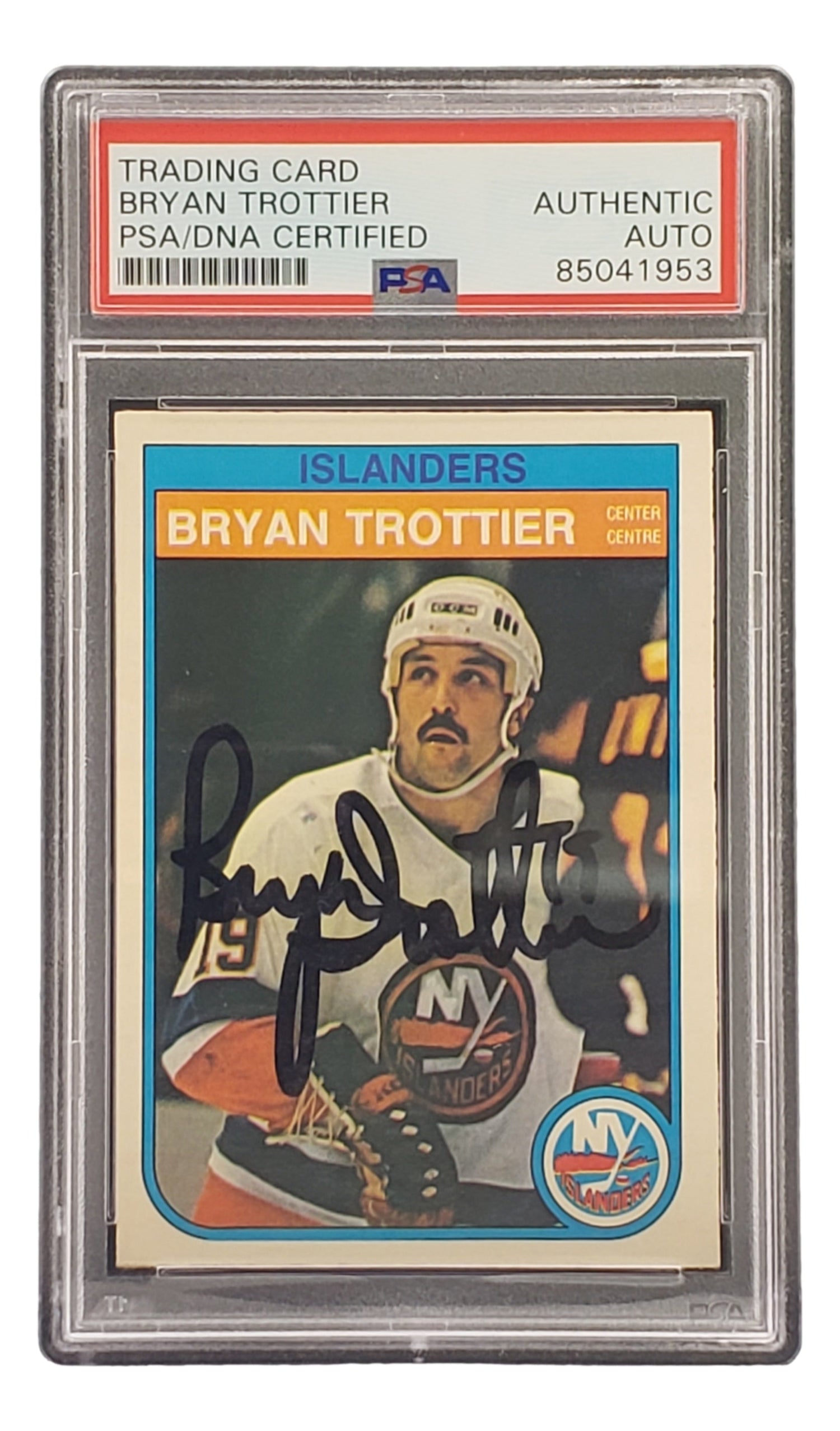 The Sports Integrity Bryan Trottier Signed 1982 O-Pee-Chee #214 NY Islanders Hockey Card is PSA/DNA certified, autographed, and comes slabbed with an authentication label on top.