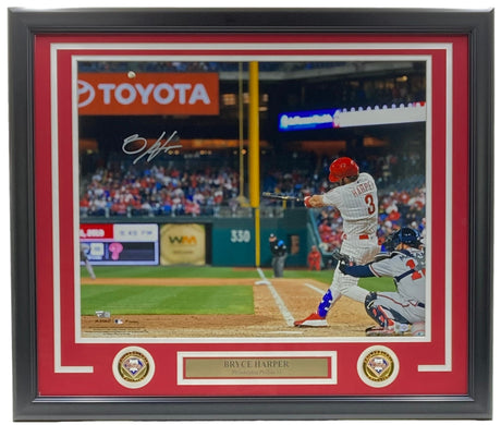 Sports Integrity's Bryce Harper Signed Framed 16x20 Philadelphia Phillies Photo (Fanatics/MLB), matted in red with a nameplate and two commemorative pins, features Harper swinging a bat in his Phillies uniform.