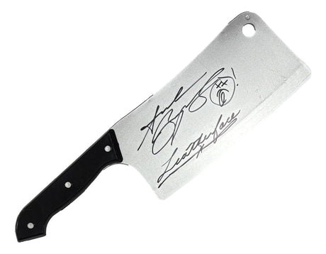 A Sports Integrity Andrew Bryniarski signed 12" Toy Butcher Knife as Leatherface, featuring two large black signatures on the blade and a black handle, photographed on a white background. Authenticated by JSA.