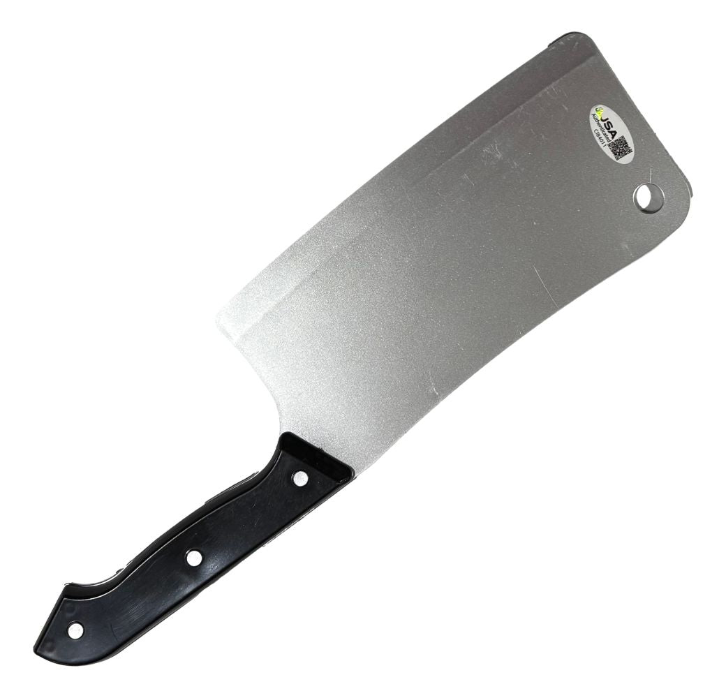 The Andrew Bryniarski Signed 12" Toy Butcher Knife by Sports Integrity features a wide rectangular blade with a hole near the top corner and a black handle with three rivets. JSA authenticated, it's perfect for Leatherface fans.