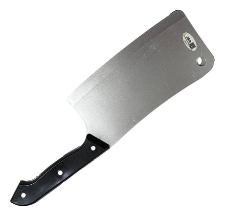 The Andrew Bryniarski Signed 12" Toy Butcher Knife by Sports Integrity features a wide rectangular blade with a hole near the top corner and a black handle with three rivets. JSA authenticated, it's perfect for Leatherface fans.