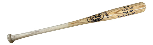 A tan Buck Leonard Homestead Grays Louisville Slugger bat by Sports Integrity features signatures and model details on the barrel, with a natural wood finish and a slightly darker handle. Authenticated by JSA.