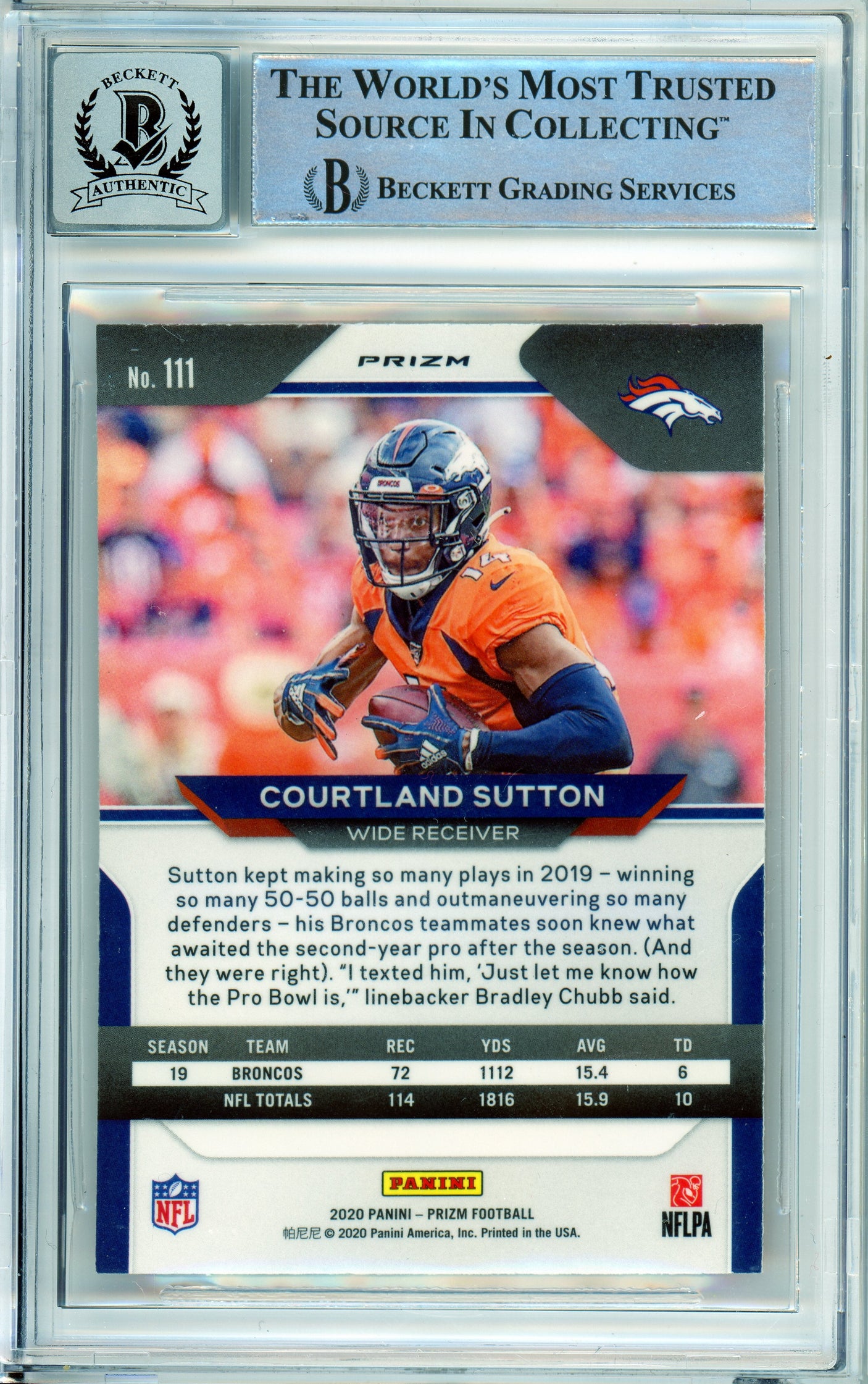 2020 Panini Prizm Orange Lazer #111 Courtland Sutton Broncos BGS Autograph 10