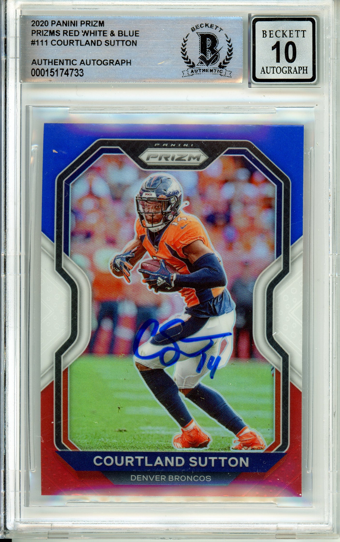 2020 Panini Prizm Red, White, Blue #111 Courtland Sutton Denver Broncos BGS Autograph 10