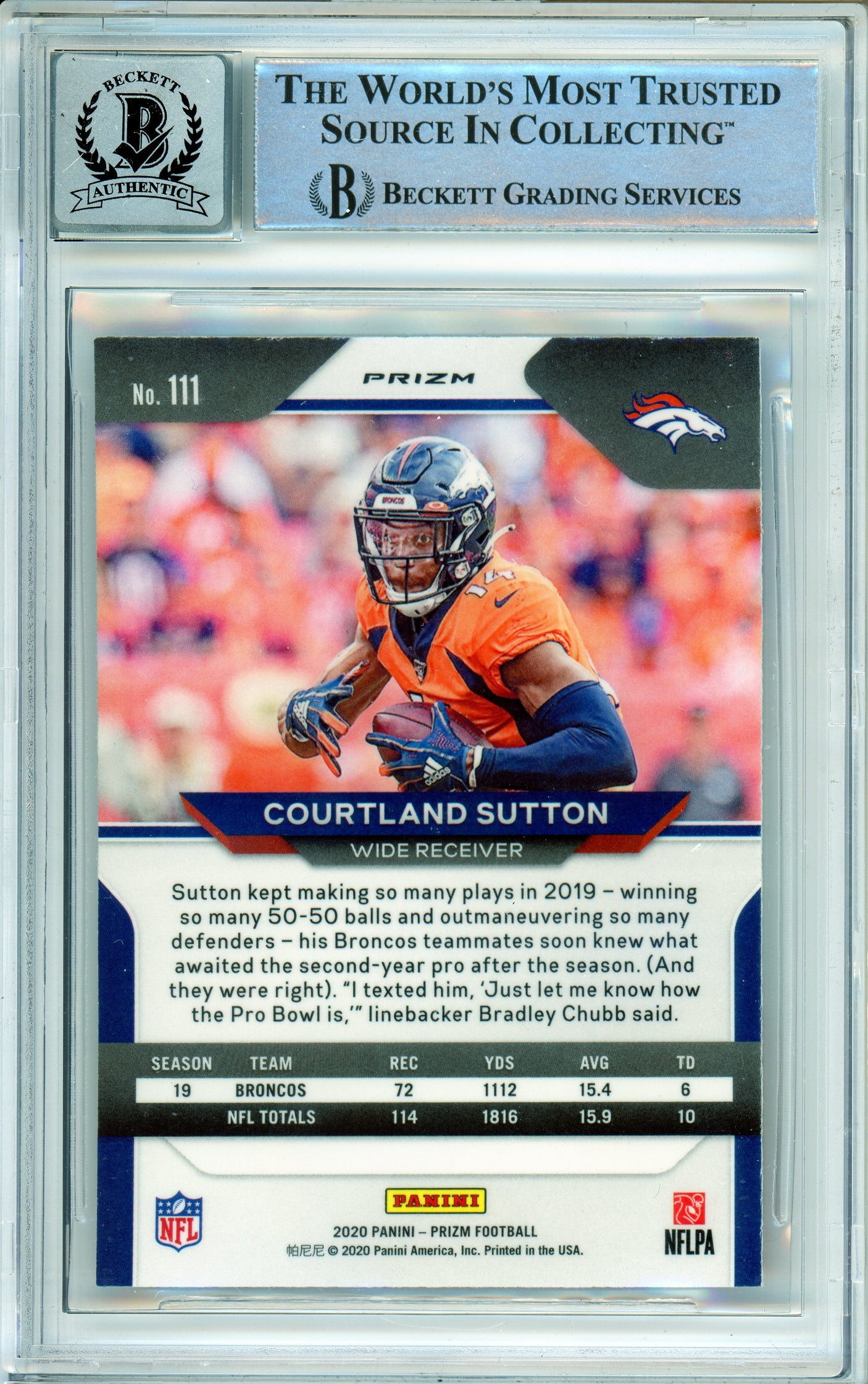 2020 Panini Prizm Red, White, Blue #111 Courtland Sutton Denver Broncos BGS Autograph 10