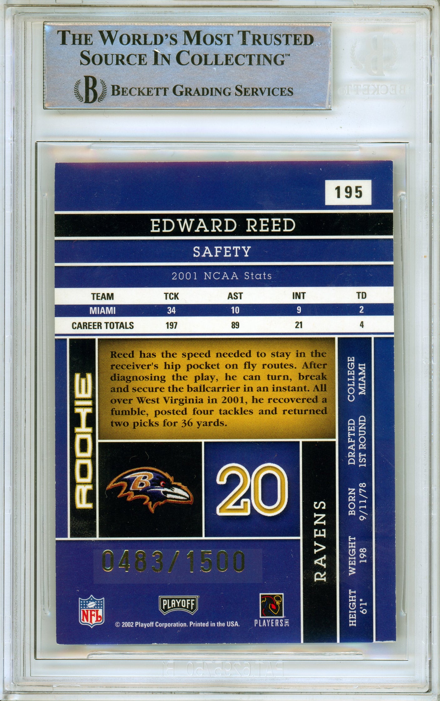 2002 Absolute Memorabilia #195 Ed Reed RC Baltimore Ravens 483/1500 BGS Autograph 10