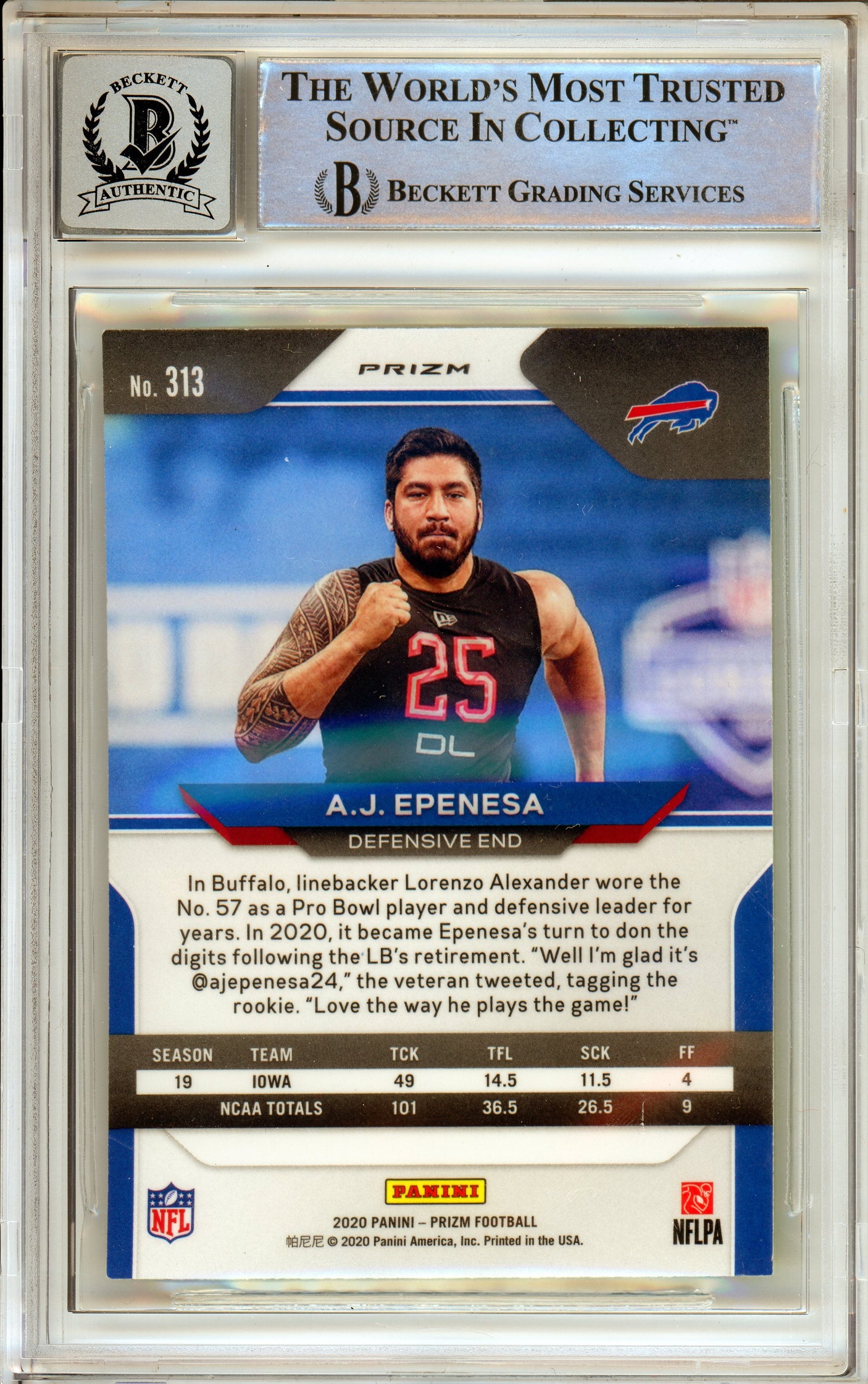 2020 Panini Prizm Neon Green Pulsar #313 AJ Epenesa RC Buffalo Bills BGS Autograph 10