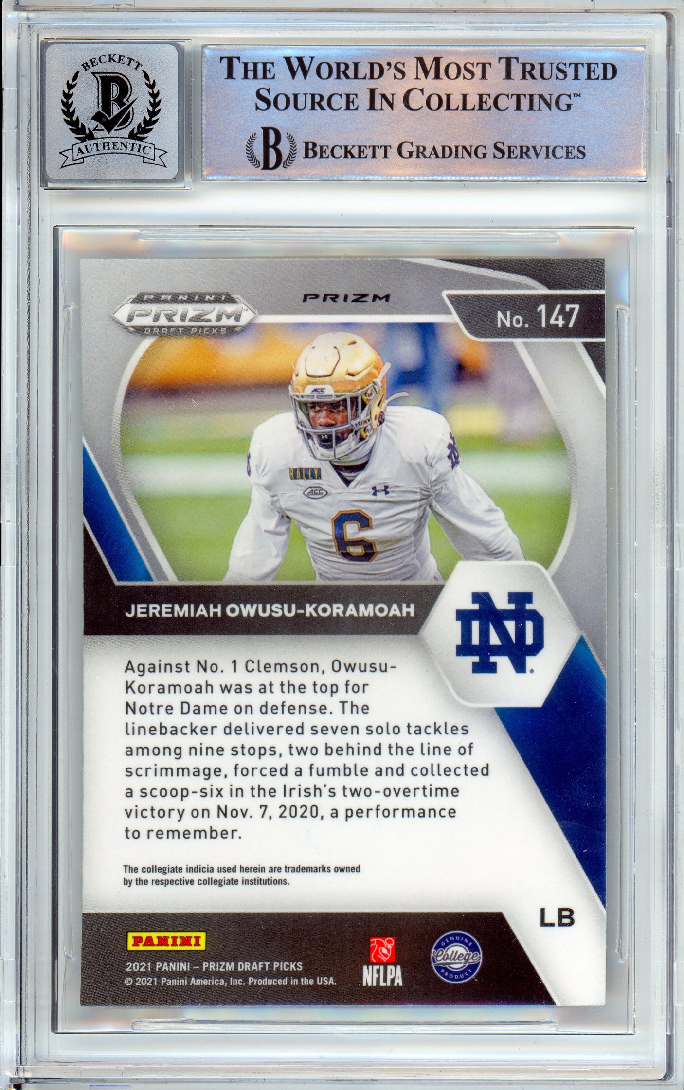 2020 Panini Prizm Draft Gold Ice #147 Jeremiah Owusu-Koramoah RC Notre Dame