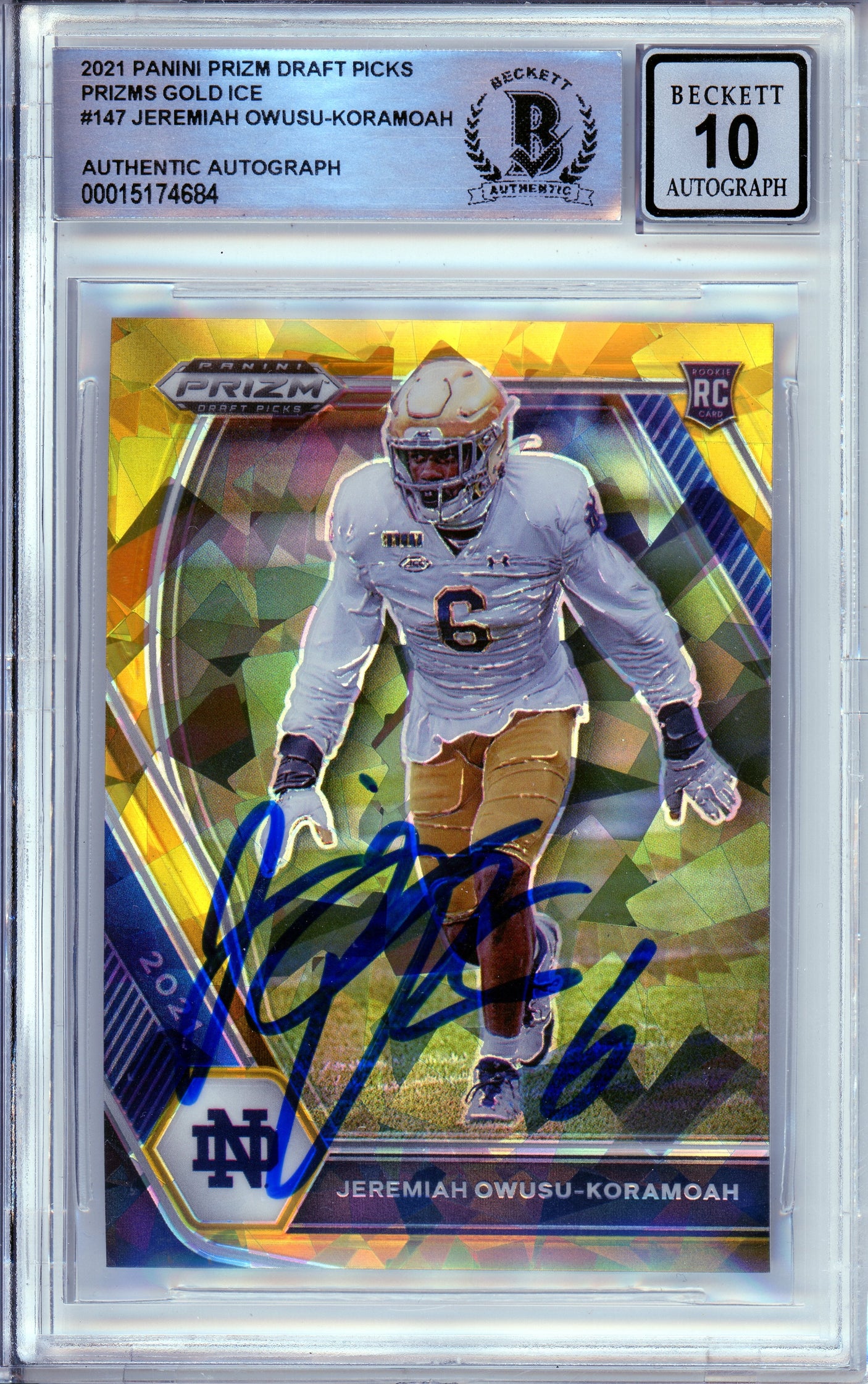 2020 Panini Prizm Draft Gold Ice #147 Jeremiah Owusu-Koramoah RC Notre Dame