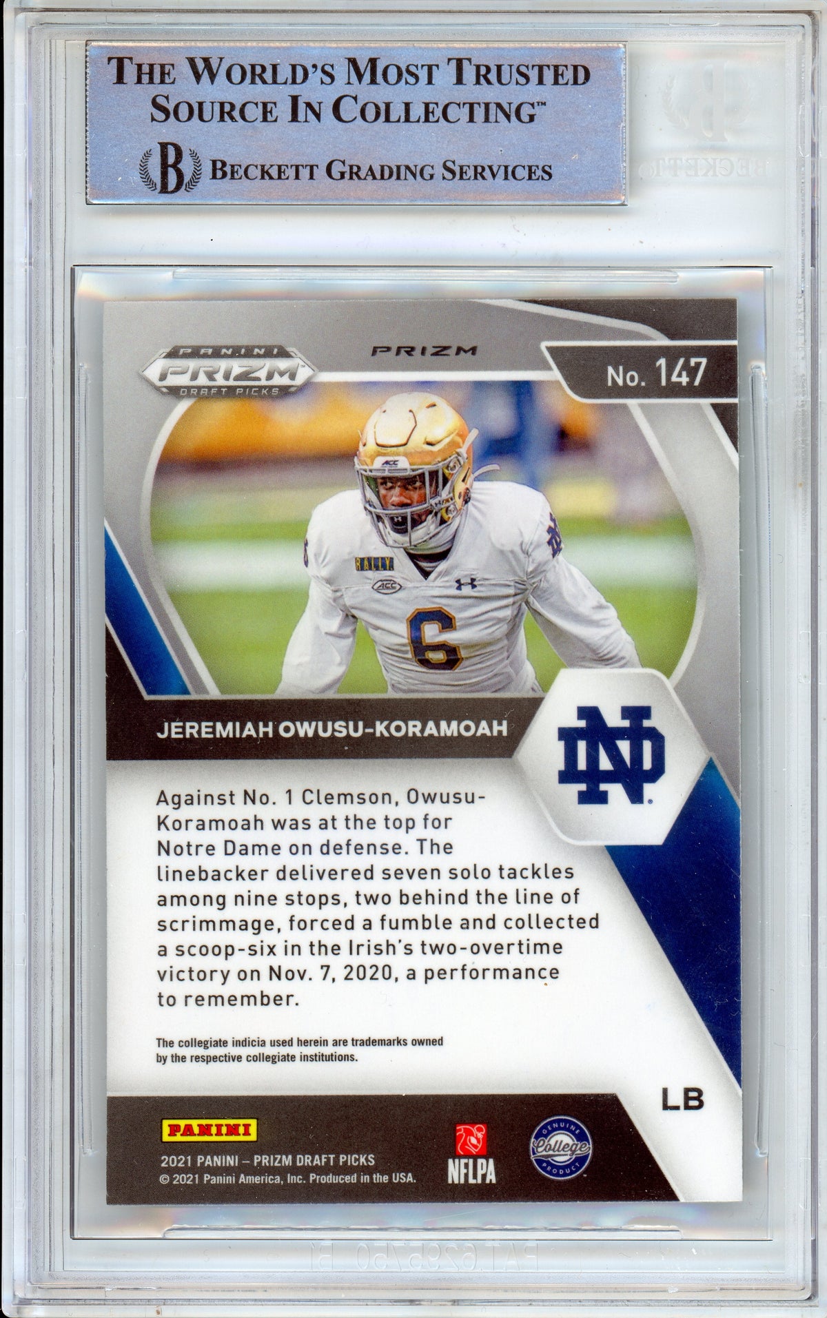 2020 Prizm Draft Picks - Green #147 Jeremiah Owusu-Koramoah RC Notre Dame BGS Autograph