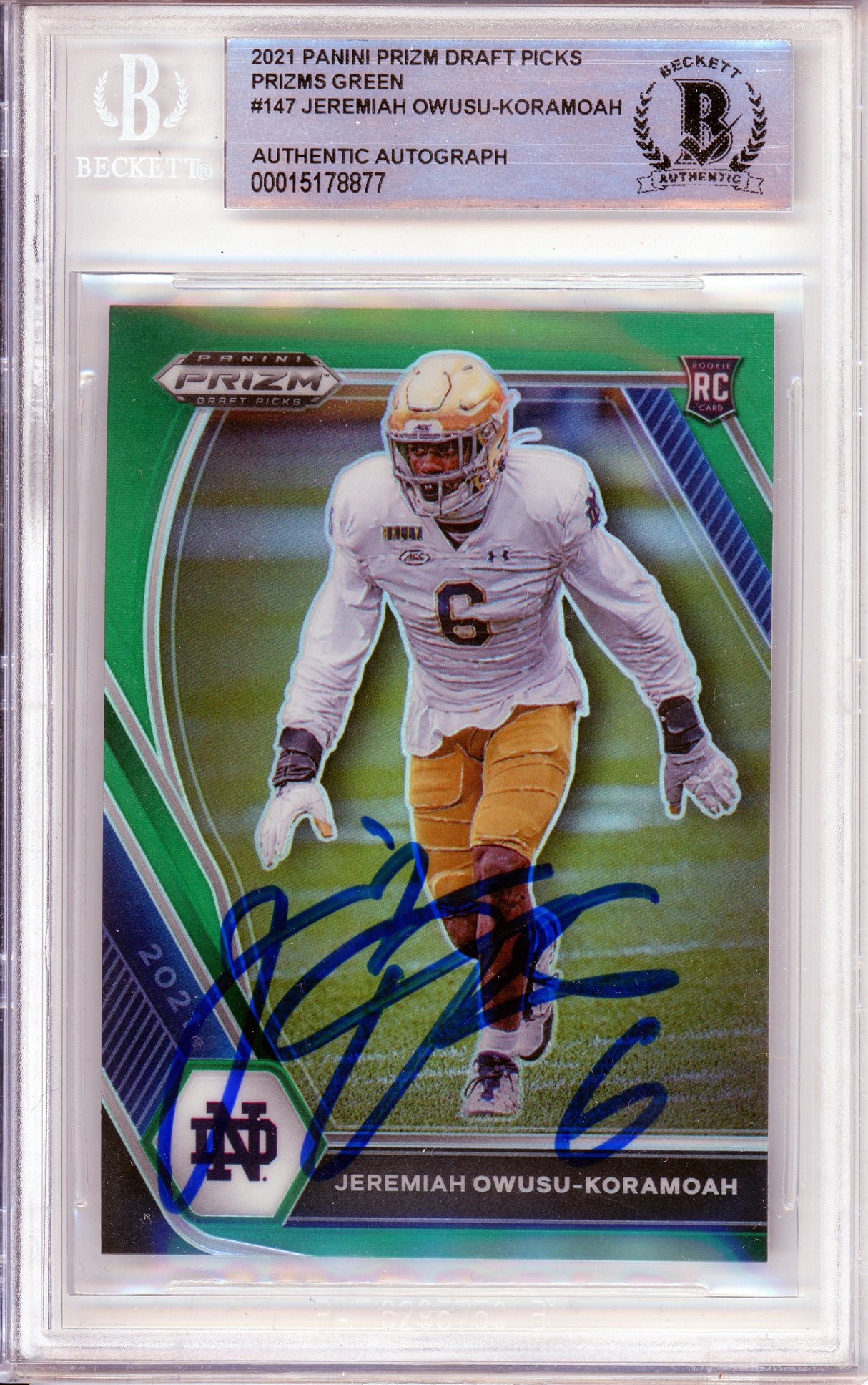 2020 Prizm Draft Picks - Green #147 Jeremiah Owusu-Koramoah RC Notre Dame BGS Autograph