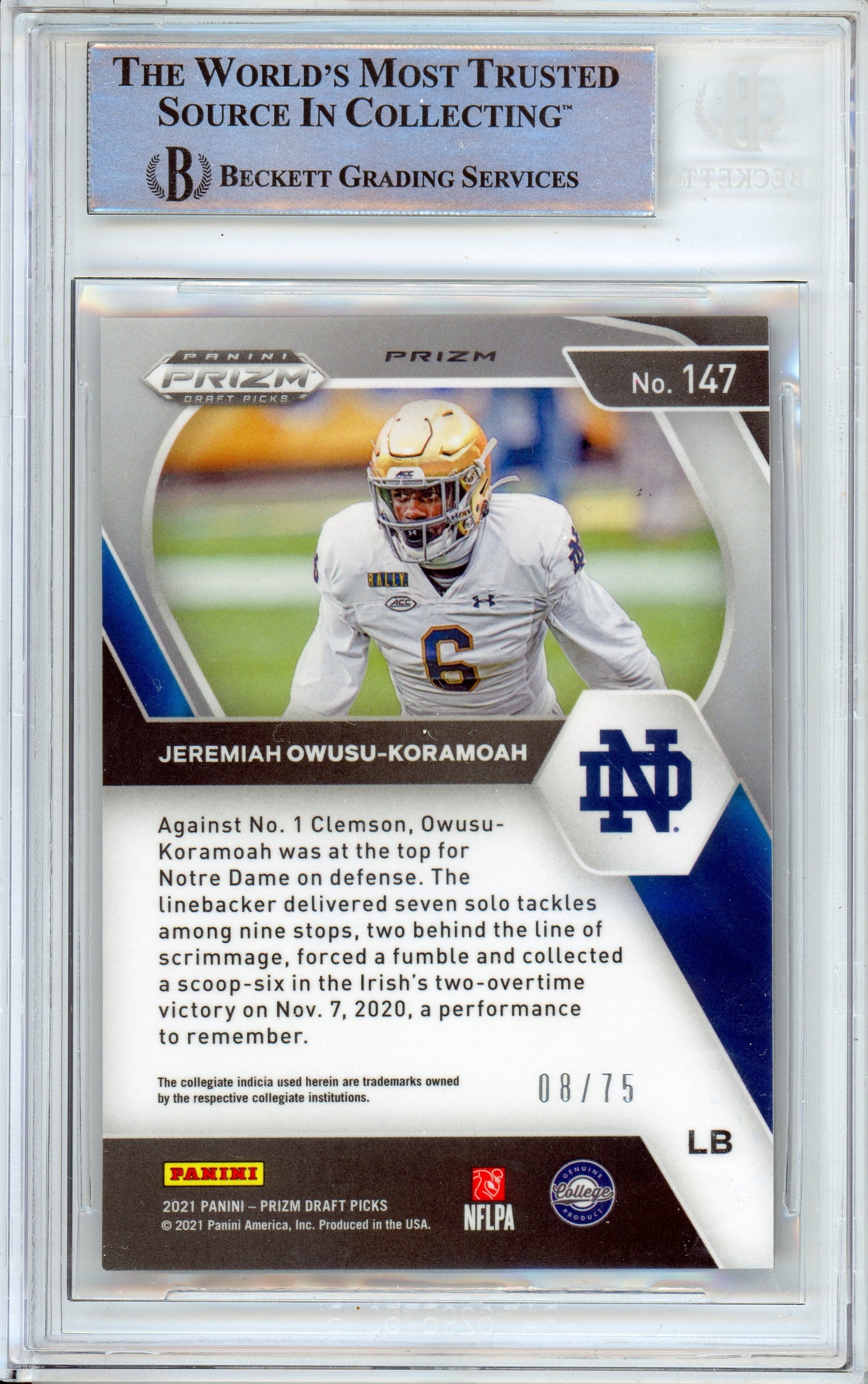 2020 Panini Prizm Draft Purple #147 Jeremiah Owusu-Koramoah RC 08/75 Notre Dame