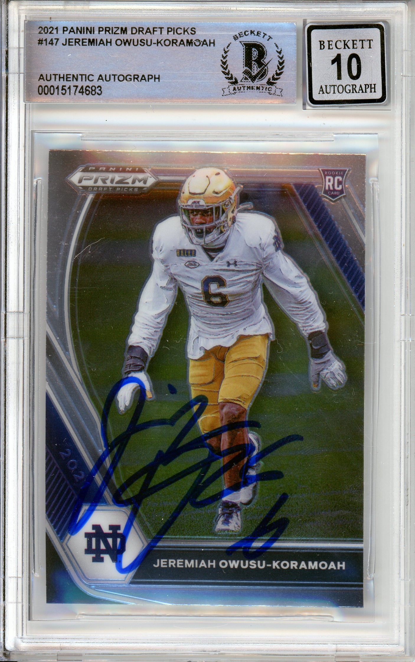 2020 Panini Prizm Draft #147 Jeremiah Owusu-Koramoah RC Notre Dame BGS Auto 10