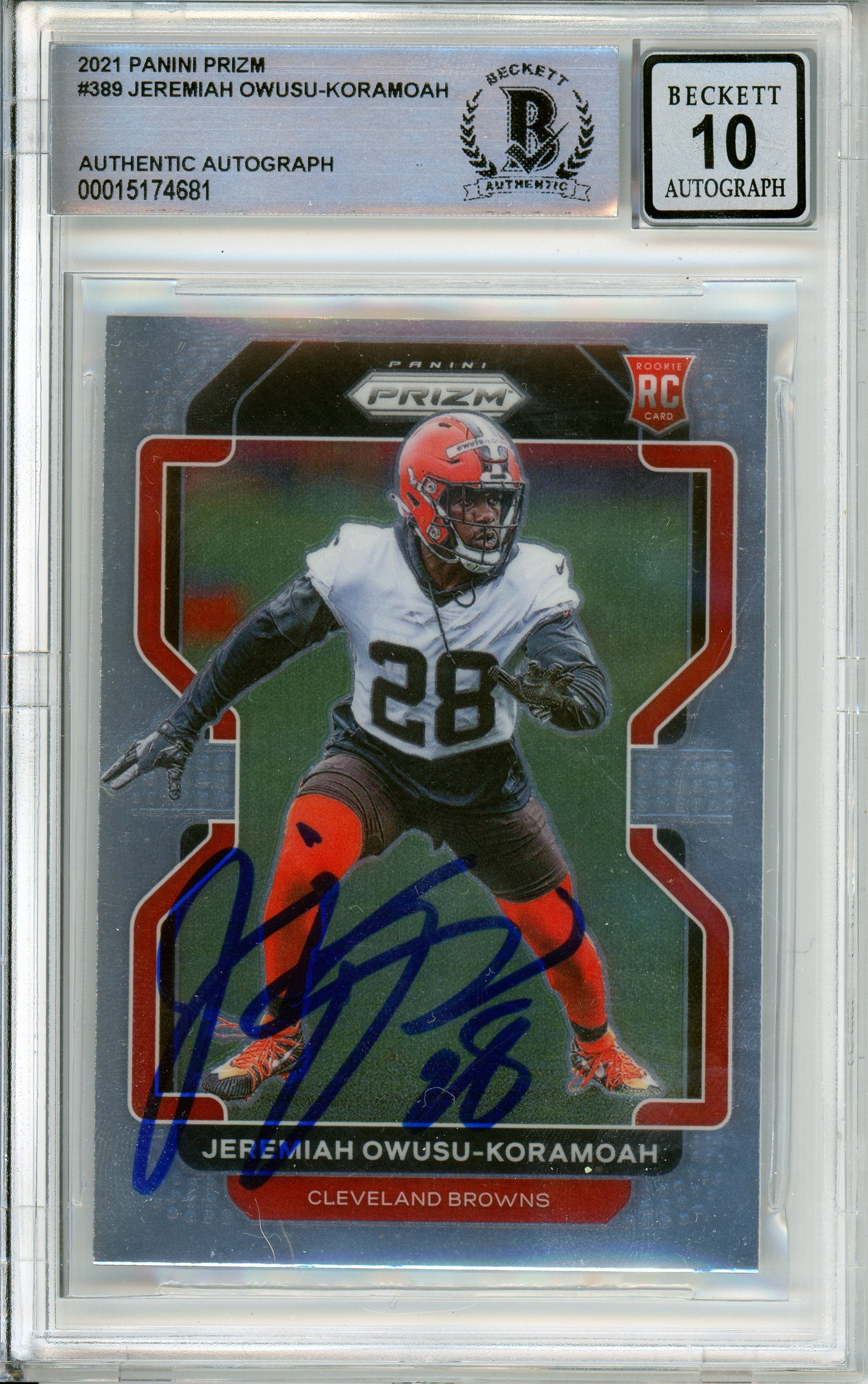 2020 Panini Prizm #389 Jeremiah Owusu-Koramoah RC Cleavland Browns BGS Auto 10