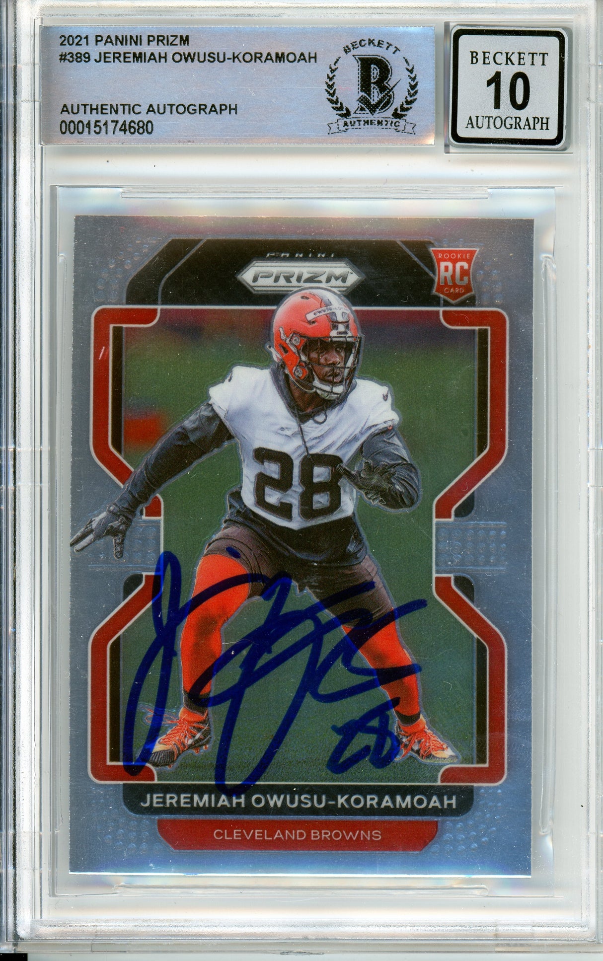 2020 Panini Prizm #389 Jeremiah Owusu-Koramoah RC Cleavland Browns BGS Auto 10