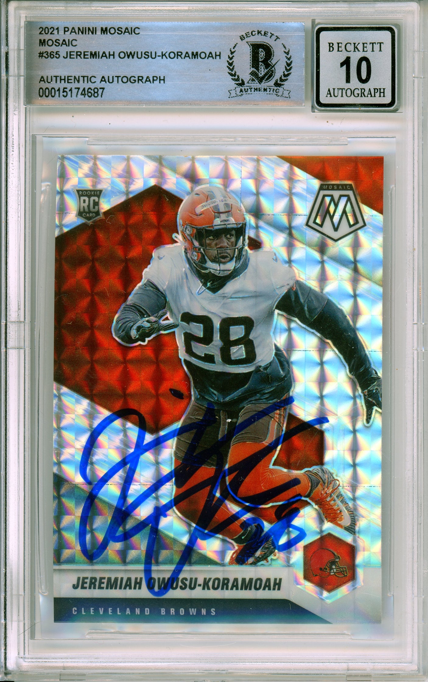 2021 Panini Mosaic Silver #365 Jeremiah-Koramoah RC Cleavland Browns BGS Auto 10