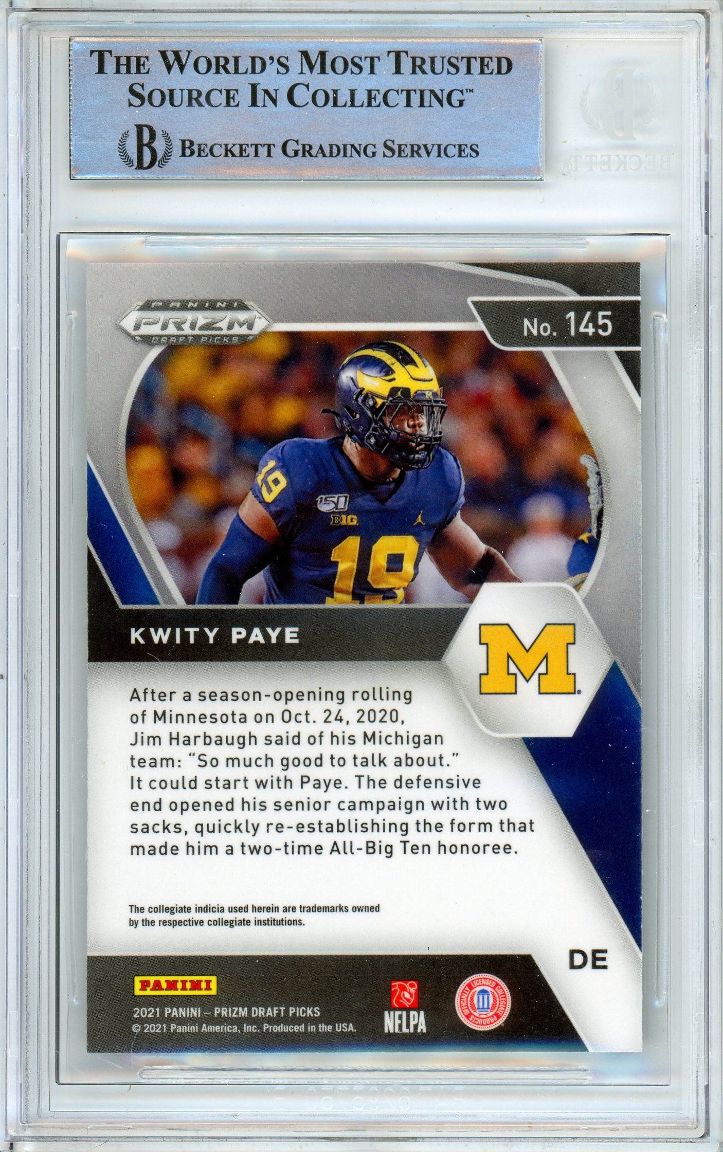 2021 Panini Prizm Draft Picks #145 Kwity Paye RC Michigan BGS Autograph 10