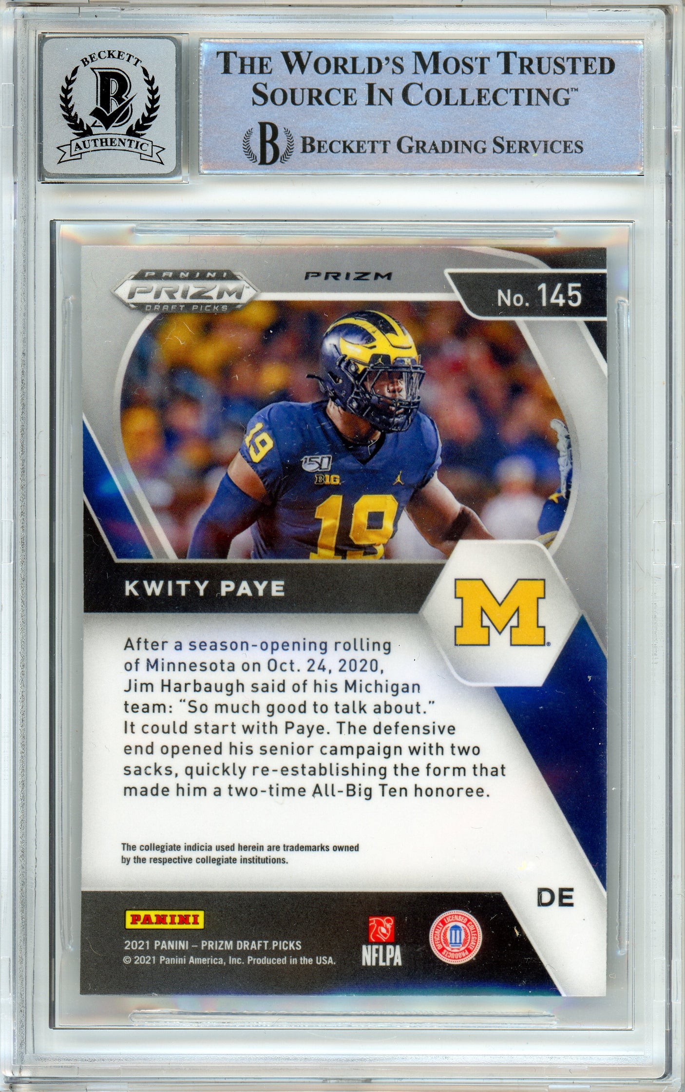 2021 Panini Prizm Draft Picks Silver #145 Kwity Paye RC Michigan BGS Auto 10