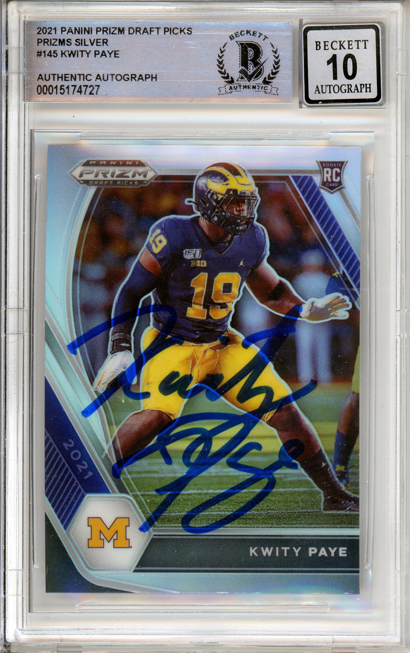 2021 Panini Prizm Draft Picks Silver #145 Kwity Paye RC Michigan BGS Auto 10