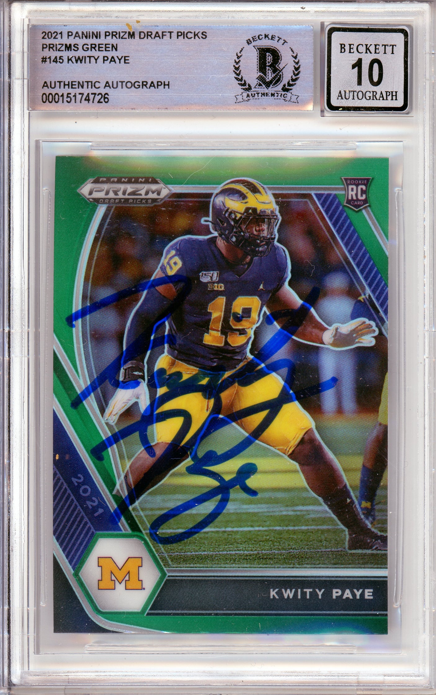 2021 Panini Prizm Draft Picks Green #145 Kwity Paye RC Michigan BGS Autograph 10