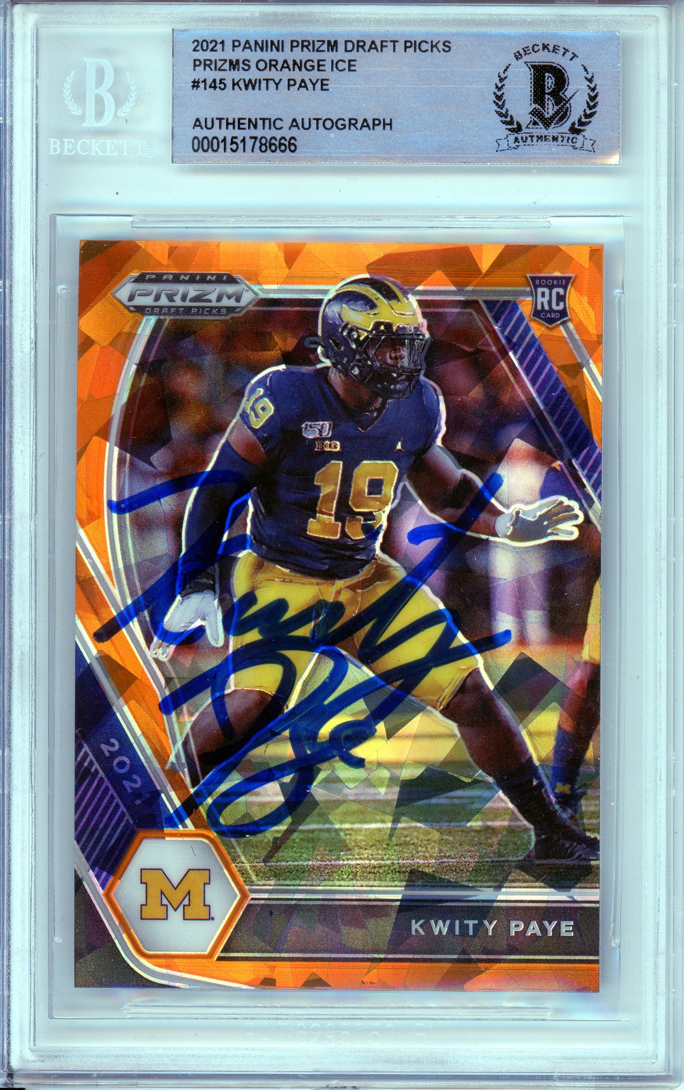 2021 Panini Prizm Draft Picks Orange Ice #145 Kwity Paye RC Michigan BGS Auto 10