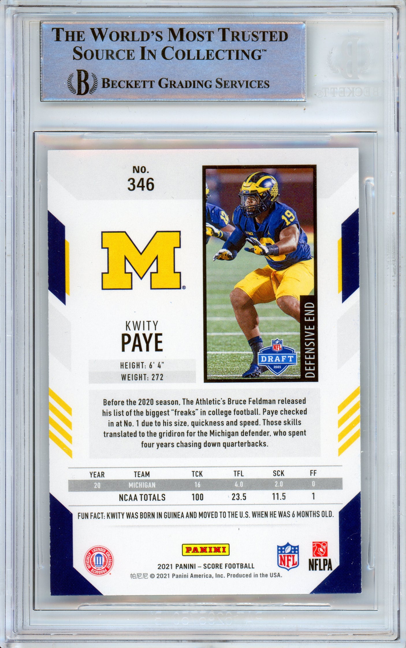 2021 Panini Score #346 Kwity Paye RC Michigan BGS Autograph 10