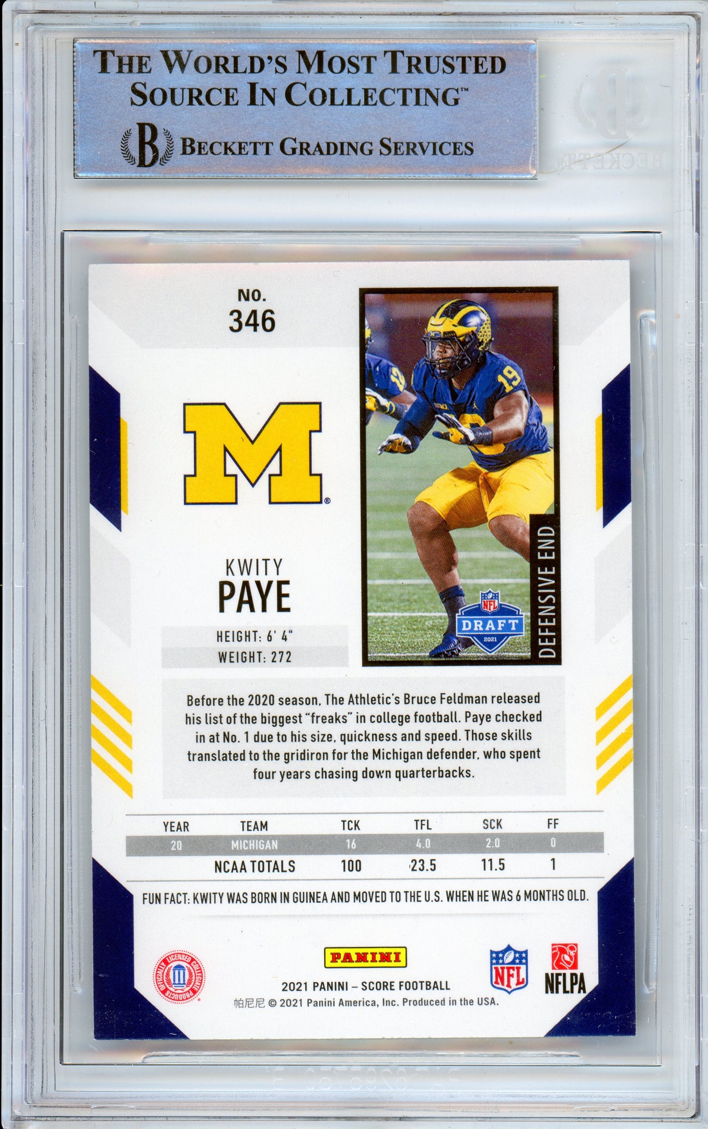 2021 Panini Score #346 Kwity Paye RC Michigan BGS Autograph 10