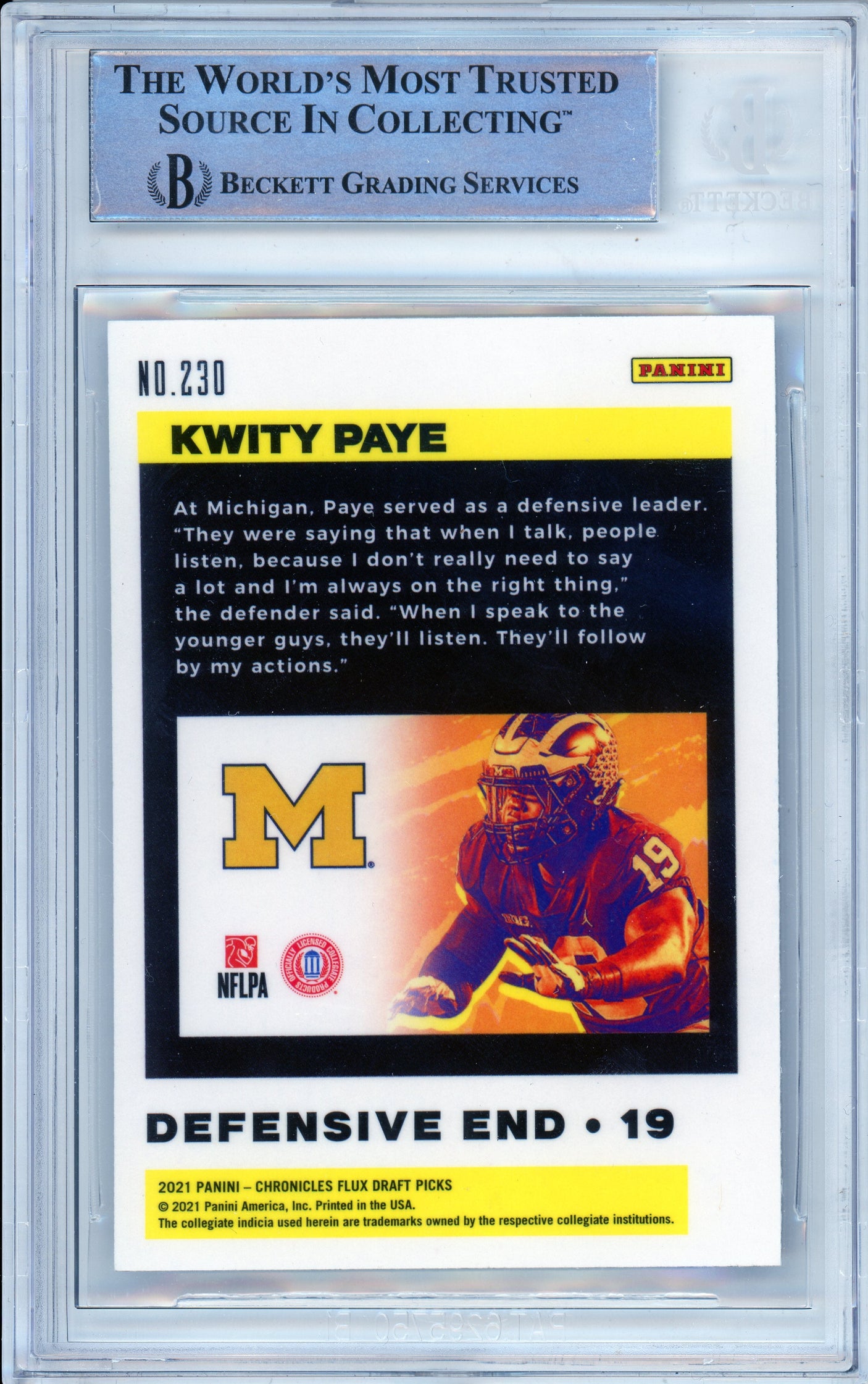 2021 Chronicles Draft Picks Flux #230 Kwity Paye RC Michigan BGS Autograph 10