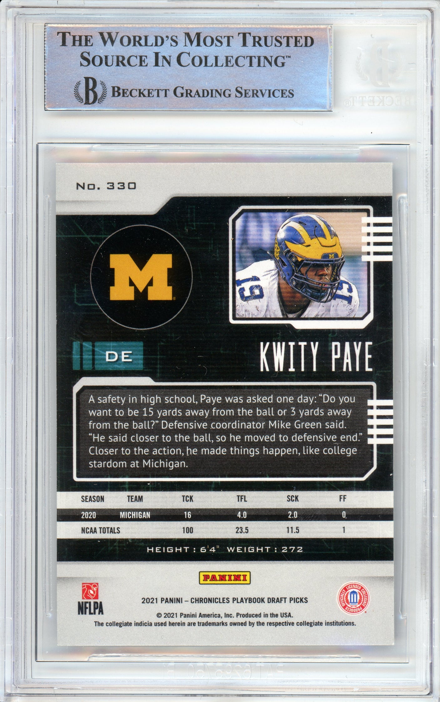 2021 Chronicles Draft Picks Playbook #330 Kwity Paye RC BGS Autograph 10