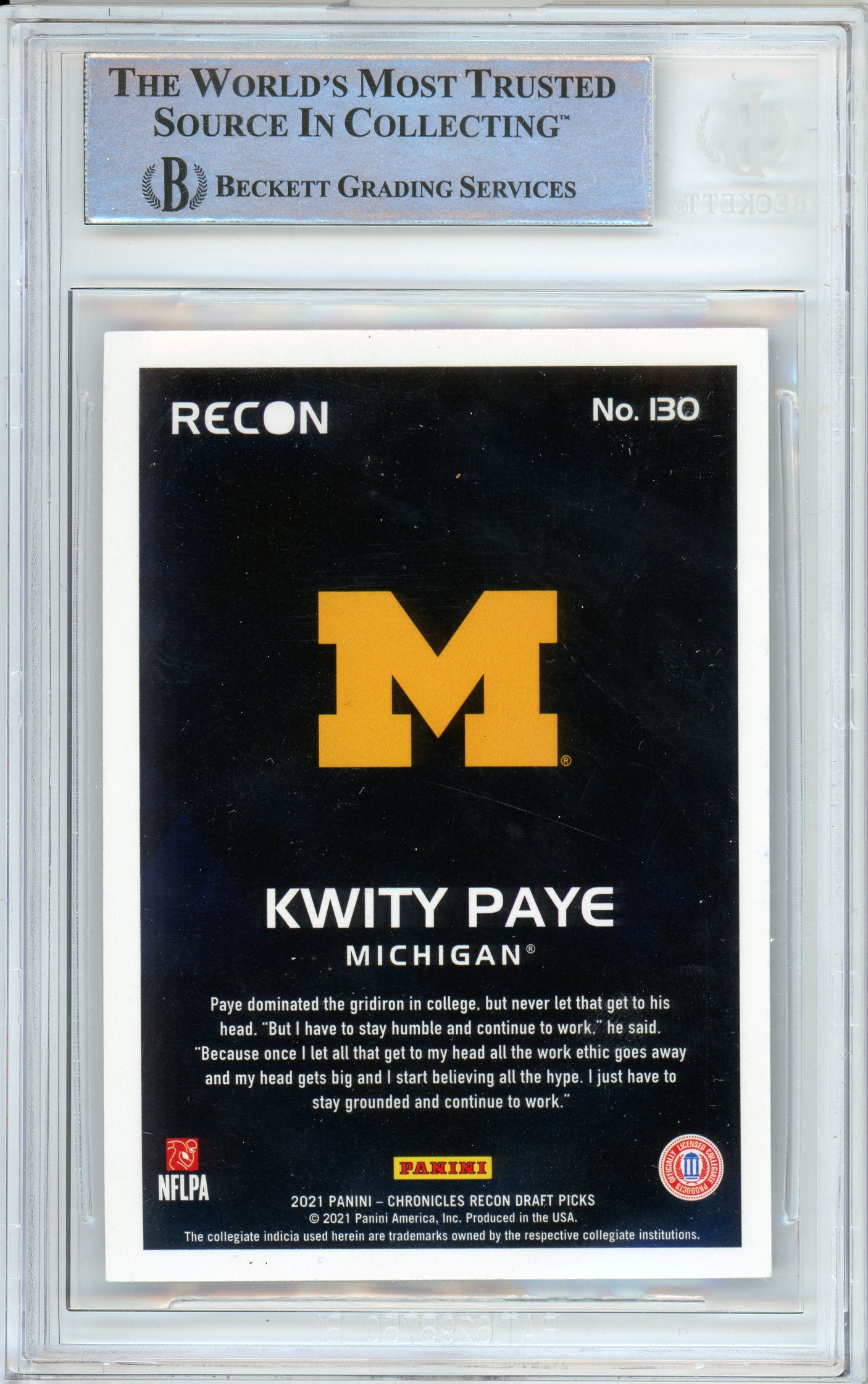 2021 Chronicles Draft Picks Recon #130 Kwity Paye RC BGS Autograph 10
